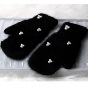 Winter Gloves women Luxury Pearl Rabbit fur  Double warm full finger gloves For female winter gloves girls Mittens guantes