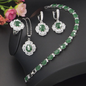XUTAAYI Luxury Jewelry Earrings Silver Wedding Jewelry Sets For Women Green Bracelet Rings Bridal Pendant Necklace Set