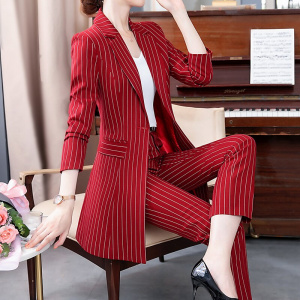 New Arrival Women Plus Size Long Blazer Pant Suit Temperament 2 Piece Sets Office Lady Striped Suit Comfortable Pant Suits