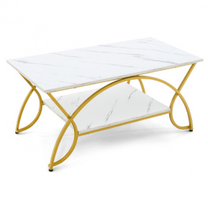 2-Tier Coffee Table Gold Rectangle for Living Room-White