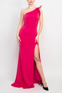Jovani fitted one shoulder slit front crepe gown
