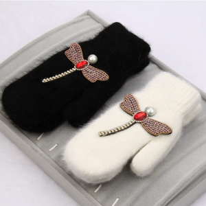 Crystal Dragon Fly Encrusted Ladies Gloves, Full Finger Fur Gloves