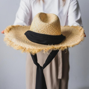 Handmade Weave 100%Raffia Sun Hats For Women Black Ribbon Lace Up Large Brim Straw Hat Outdoor Beach Summer Caps Chapeu Feminino