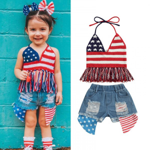 FOCUSNORM 1-6Y Independence Days Kids Girls Clothes Sets 2pcs Star Stripe Knitted Sleeveless V Neck Tassel Vest Top+Denim Shorts