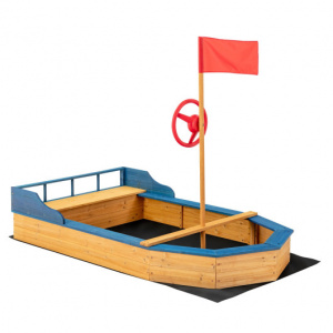 Wood Pirate Boat Sandbox for Children with Flag and Rudder