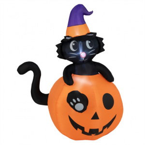 Inflatable Halloween Pumpkin with Witch's Black Cat on Top 5 Feet With LED Light
