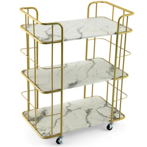 3 Tier Gold Marbel Rolling Bar Cart with Sturdy Steel Frame