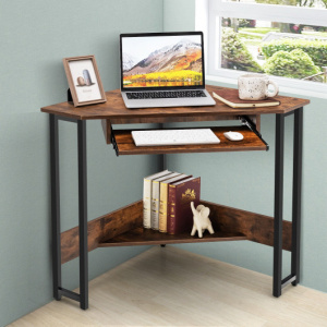 Triangle Corner Computer Desk with Keyboard Tray-Rustic Brown