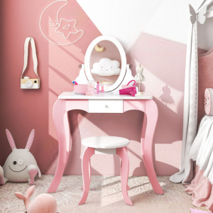 Pretend Kids Vanity Set Makeup Dressing Table with 360Â° Rotatable Mirror