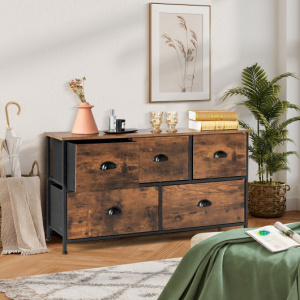 Dresser Organizer with 5 Drawers and Wooden Top-Rustic Brown