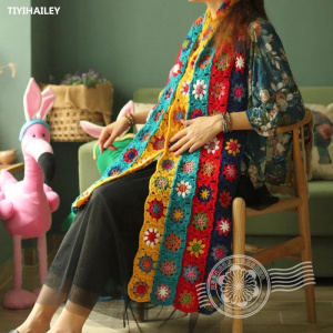 TIYIHAILEY-Hand Made Crochet Knitting Scarf, Long, Colorful, Warm, All-Match, Patchwork, Fashion Ladies Flowers