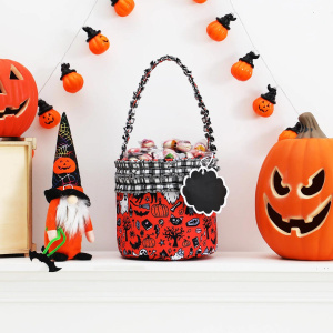 Ruffle Halloween Basket For Kids With Name Card Pink/Orange Reusable Canvas Candy Gift Bag Trick or Treat Bags