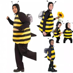 Adults Kids Bee Cosplay Costume Striped Patchwork Black & Yellow Wings Hat with Antennae Halloween Funny Animal Family Party Outfit