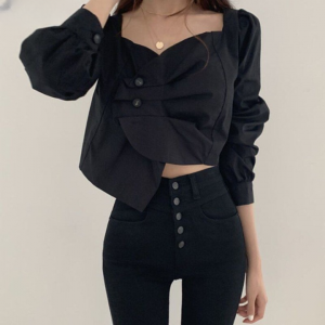 Neploe Chic High Waist Slim Fit Short Blouse Pleated Irregular Solid Blusas Mujer Autumn Spring Sexy Exposed Collarbone Shirt
