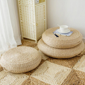 40x10cm Natural Straw Round Pouf Tatami Cushion Weave Handmade Pillow Floor Japanese Style Cushion With Silk Wadding Textile