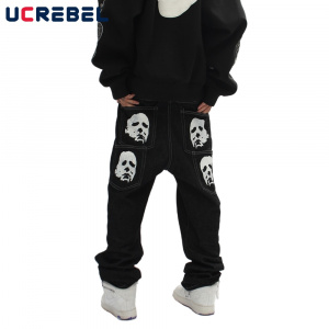 Spoof Portrait Print Denim Pants Mens High Street Funny Loose Straight-leg Pants Streetwear Casual Jeans Trousers Men