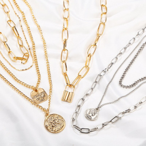 Multi Layer Metal Necklaces with Lock Heart Pendants Fashion Jewelry for Women