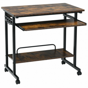 Rolling Computer Desk Cart with Keyboard Tray and CPU Stand-Rustic Brown