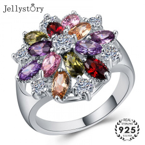 Jellystory Trendy 925 Silver Ring with Coloful Topaz Zircon Gemstone Flower shape Ring for Women Wedding Party Gift Fine Jewelry