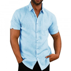 Cotton Turn-down Collar Casual Solid Summer Shirts for Men with Short Sleeves
