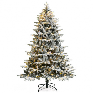 7 Feet Pre-Lit Snow Flocked Hinged Artificial Christmas Tree with 300 LED Lights