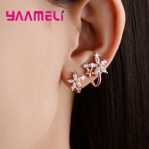 Punk Rock Clip Earring 925 Sterliong Silver Clear Cubic Zircon Handmade Star Flower Woman Girl Piercing Brincos Jewellery