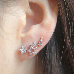 1 Pair Elegant Star Silvery Gold Color Stud Connected Earrings Women White Zircon Rhinestone Fashion Jewelry Girls Gifts