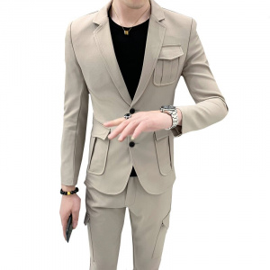 Multi Pockets Tweed Suit British Style Male Slim Fit Wedding Suit 2pcs Set Gentleman Casual Retro Men Blazers Jacket Pants