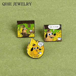 "This Is Fine" Dog Meme Pins Funny Animal Comics Enamel Pins Cartoon Brooches for Women Men Lapel Bag Badges Jewelry Wholesale
