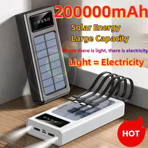 Ultra-Large Capacity Solar Power Bank - 200000mAh, Includes Four Cables for Samsung, Apple, Huawe