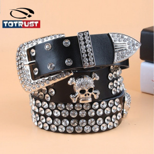 Vintage Rhinestone Skull Split Leather Belt For Women with Wide Buckle