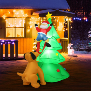 Inflatable LED Lit 6.5 Feet Christmas Tree with Santa Chased by a Dog 