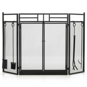 Iron fireplace screen with 3 folding panels/ Wrought iron fire guard with tools