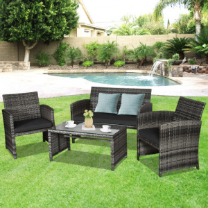 Stylish Four Piece Rattan Patio Sofa Set With Glass Table-HW63238DK