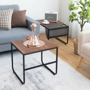 Nesting coffee table set with side pocket/ Wooden Nesting side tables set of two