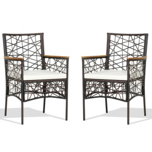 2 Pieces PE Wicker Patio Bistro Dining Chairs with Acacia Wood Armrests and Cushions