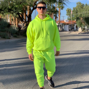 OMSJ 2020 Fashion Neon Style Mens Sets Fluorescence Green Hooded Sweatshirt+Sweatpants Two Piece Autumn Winter Casual Tracksuit