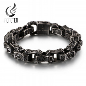 Fongten Vintage Engraving Square Bracelet Men Stainless Steel Black Cuff Punk Box Link Chain Custom Bangle Man Fashion Jewelry