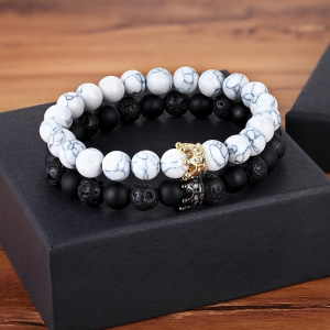 XQNI New Classic Interlocking Stitching Lava & Matte Onyx Stone with Crown Accessories Beads Bracelet Hand Jewelry For Women Men