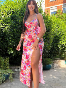 Hugcitar Floral Print Slip V Neck Backless Slit Sexy Bodycon Maxi Prom Dress Women Elegant Outfit Streetwear Party Kawaii