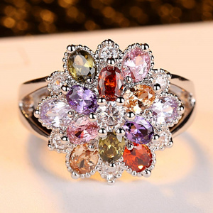 Beiver Muti-color Flower CZ Ring for Women in Rhodium Plated Retro AAA Cubic Zirconia Silver color Jewelry Gifts for Women