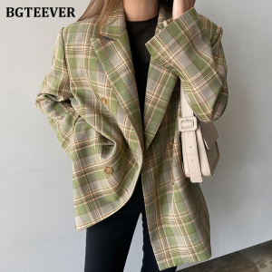 BGTEEVER Vintage Loose Women Plaid Blazer 2020 Autumn Chic Double Breasted Female Long Sleeve Suit Jackets Stylish Ladies Blazer