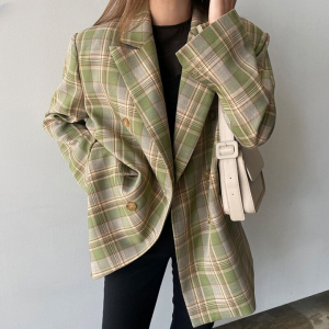 BGTEEVER Vintage Loose Women Plaid Blazer Chic Double Breasted Female Long Sleeve Suit Jackets Stylish Ladies Blazer