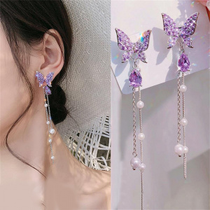 1 Pair Fashion Shiny Butterfly Rhinestone Drop Dangle Earrings Women Elegant Long Pearl Tassel Chain Pendant Party Jewelry