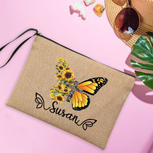Butterfly Printed Personalised Custom Name Linen Makeup Bag Storage Pouches