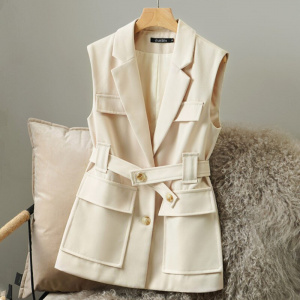 Women's Korean Style Solid Spring Autumn Vest Sleeveless Coat With Belt Elegant Office Ladies Vest Tops Waistcoat Jacket Female