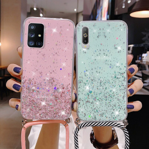 With Neck Strap Rope Cord Glitter Case For Samsung Galaxy A51 A50 A71 A13 M52 S20 FE S21 Ultra S10 Plus A72 S22 A12 A32 A52