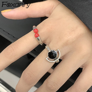 Foxanry 925 Sterling Silver Matches Rings INS Fashion Creative Hollow Moon Geometric Vintage Punk Party Jewelry Gifts for Women