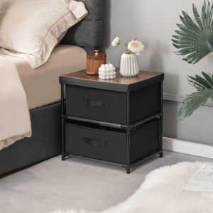 Black Two Drawer Nightstand with Removable Fabric Bins