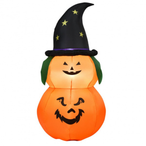 Inflatable Halloween Pumpkin in 2 Tier Wearing Witch Hat  5 Feet Tall with Led Light
